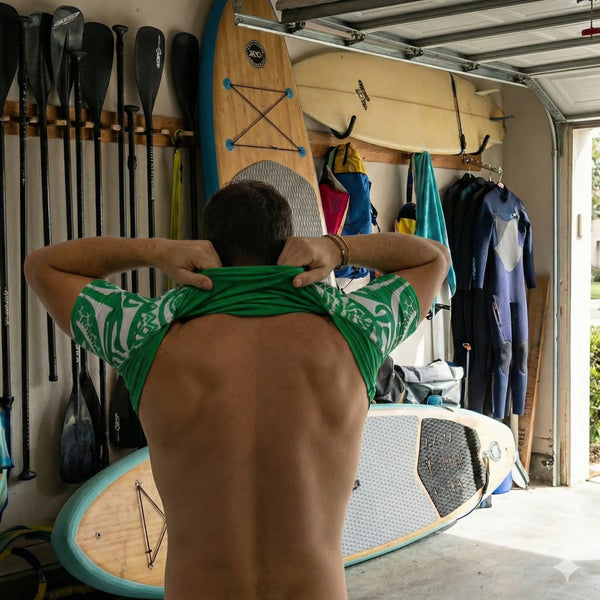 A smiling male athlete on a tropical beach at sunset wears a vibrant green short-sleeve rash guard from the Tattoo collection featuring white tribal patterns and giving a shaka sign.