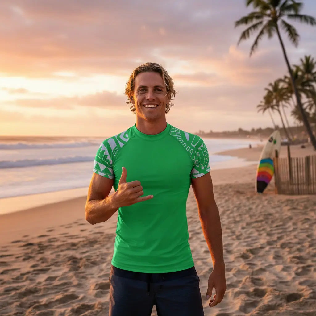 A smiling male athlete on a tropical beach at sunset wears a vibrant green short-sleeve rash guard from the Tattoo collection featuring white tribal sleeve patterns and giving a shaka sign.