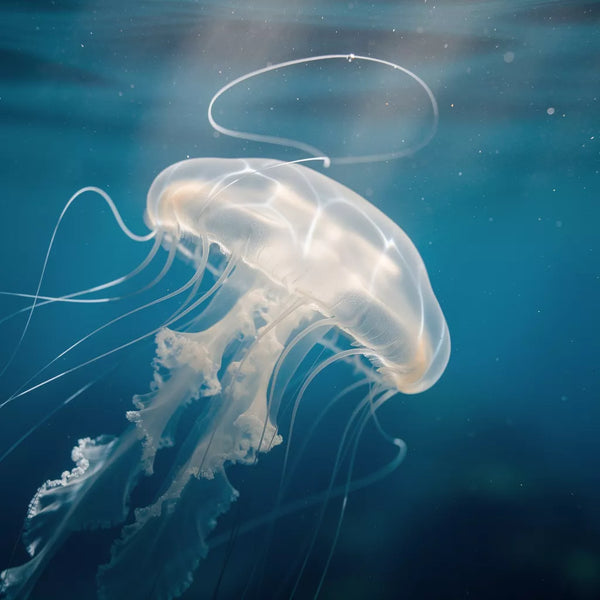 A translucent white jellyfish with long trailing tentacles floats through deep blue water, representing the ocean-inspired design and sting protection features of the Sea collection.
